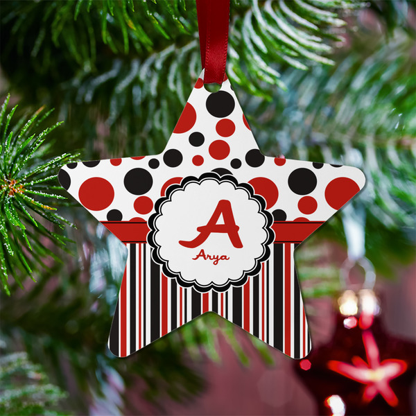 Red & Black Dots & Stripes Metal Star Ornament - Lifestyle