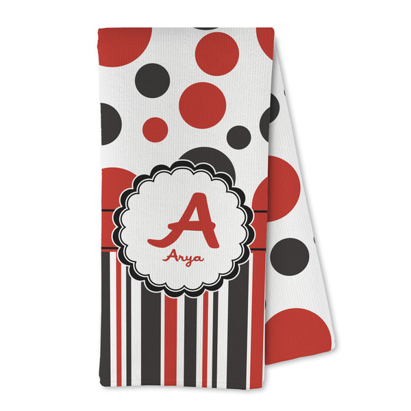 Custom Red & Black Dots & Stripes Kitchen Towel - Microfiber (Personalized)