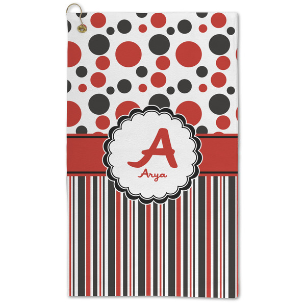 Custom Red & Black Dots & Stripes Microfiber Golf Towel - Large (Personalized)
