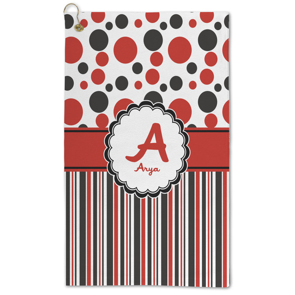 Custom Red & Black Dots & Stripes Microfiber Golf Towel (Personalized)