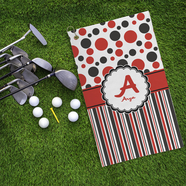 Red & Black Dots & Stripes Microfiber Golf Towels - LIFESTYLE