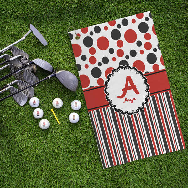 Red & Black Dots & Stripes Microfiber Golf Towels - LIFESTYLE
