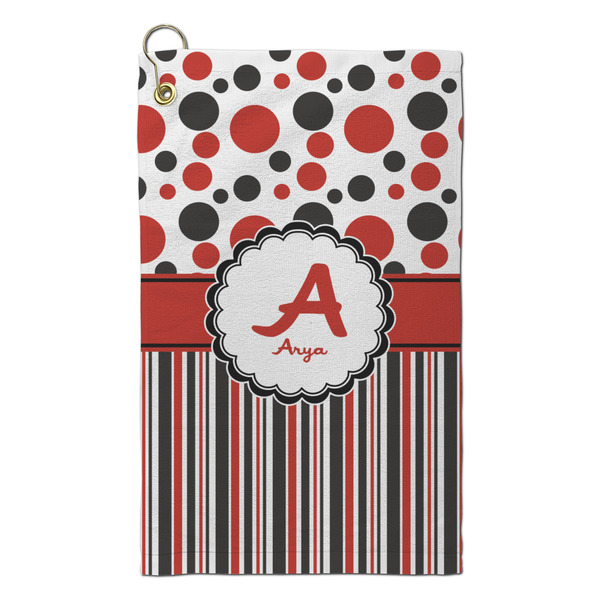 Custom Red & Black Dots & Stripes Microfiber Golf Towel - Small (Personalized)