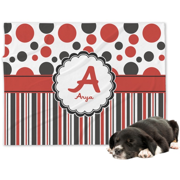 Custom Red & Black Dots & Stripes Dog Blanket - Regular (Personalized)
