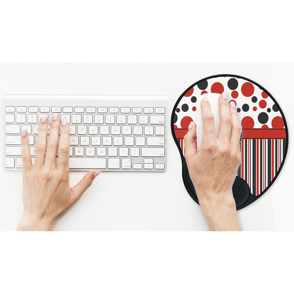 Red & Black Dots & Stripes Mouse Pad with Wrist Rest - LIFESYTLE 2 (in use)