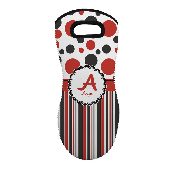 Custom Red & Black Dots & Stripes Neoprene Oven Mitt w/ Name and Initial