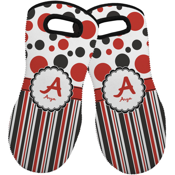 Custom Red & Black Dots & Stripes Neoprene Oven Mitts - Set of 2 w/ Name and Initial