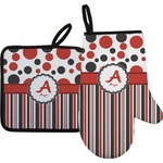 Red & Black Dots & Stripes Oven Mitt & Pot Holder Set w/ Name and Initial