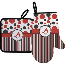 Red & Black Dots & Stripes Right Oven Mitt & Pot Holder Set w/ Name and Initial