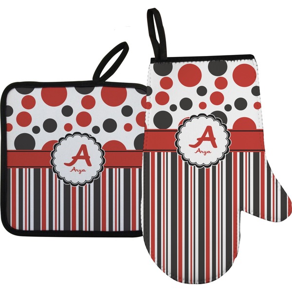 Custom Red & Black Dots & Stripes Oven Mitt & Pot Holder Set w/ Name and Initial
