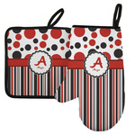 Red & Black Dots & Stripes Left Oven Mitt & Pot Holder Set w/ Name and Initial