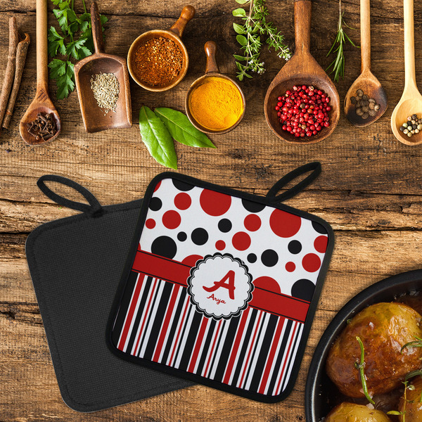 Red & Black Dots & Stripes Neoprene Pot Holder - Set of 2  LIFESTYLE (Flatlay)
