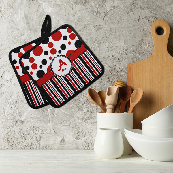 Red & Black Dots & Stripes Neoprene Pot Holder - Set of 2  LIFESTYLE