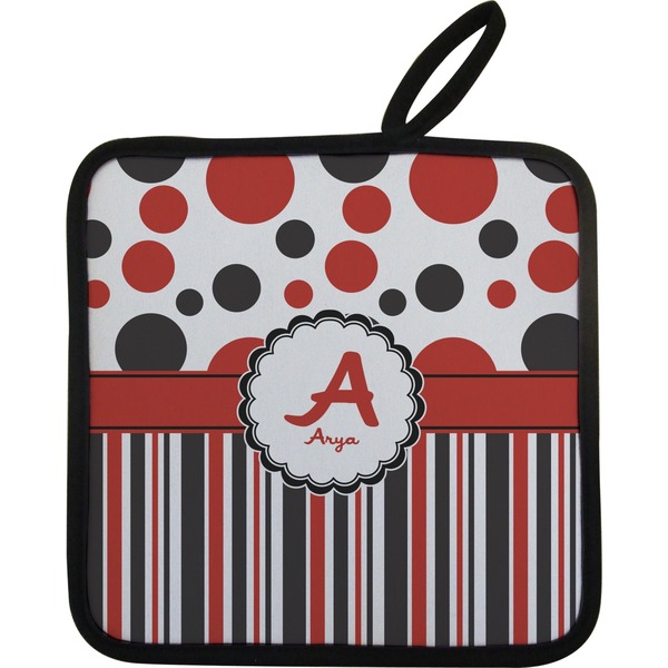 Custom Red & Black Dots & Stripes Pot Holder w/ Name and Initial