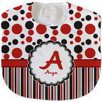 Red & Black Dots & Stripes Velour Baby Bib w/ Name and Initial