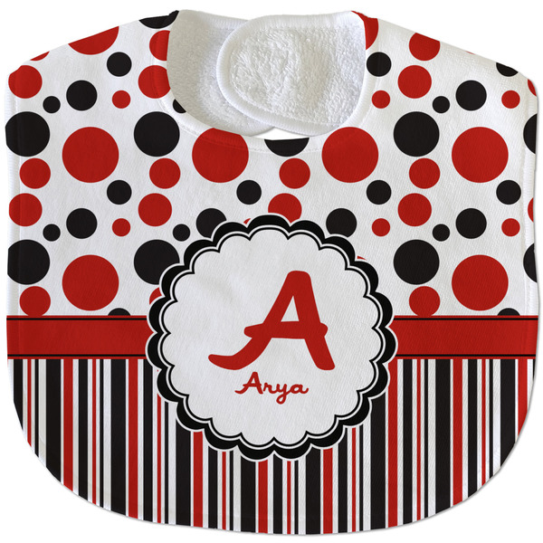 Custom Red & Black Dots & Stripes Velour Baby Bib w/ Name and Initial