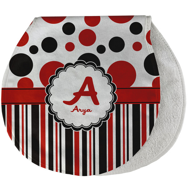 Custom Red & Black Dots & Stripes Burp Pad - Velour w/ Name and Initial