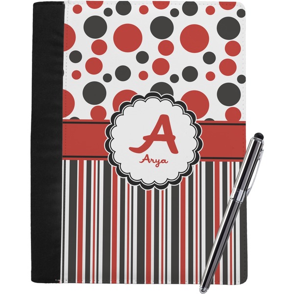 Custom Red & Black Dots & Stripes Notebook Padfolio - Large w/ Name and Initial