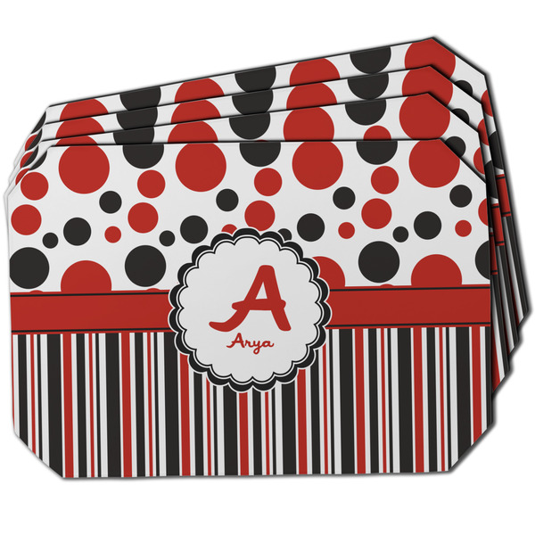 Custom Red & Black Dots & Stripes Dining Table Mat - Octagon w/ Name and Initial