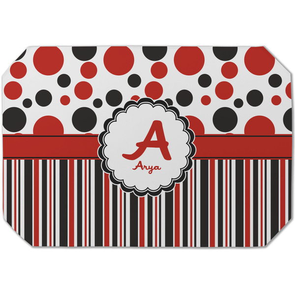 Custom Red & Black Dots & Stripes Dining Table Mat - Octagon (Single-Sided) w/ Name and Initial