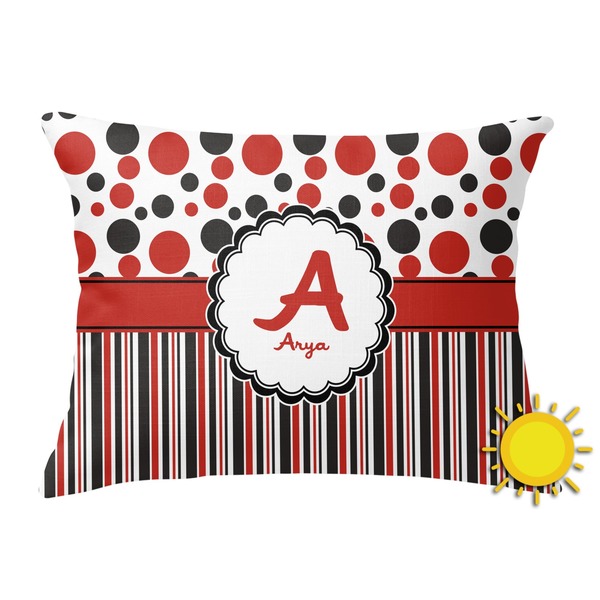 Custom Red & Black Dots & Stripes Outdoor Throw Pillow (Rectangular) (Personalized)