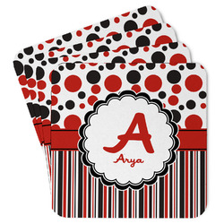 Red & Black Dots & Stripes Paper Coasters w/ Name and Initial