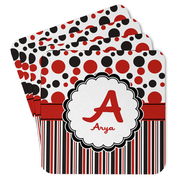 Custom Red & Black Dots & Stripes Paper Coasters w/ Name and Initial