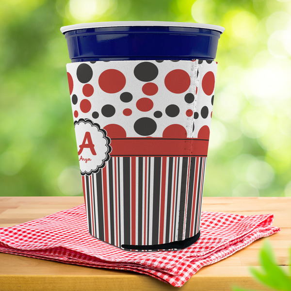 Red & Black Dots & Stripes Party Cup Sleeves - with bottom - Lifestyle