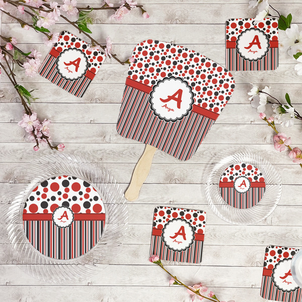 Red & Black Dots & Stripes Party Supplies Combination Image - All items - Plates, Coasters, Fans