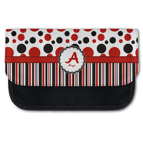 Custom Red & Black Dots & Stripes Canvas Pencil Case w/ Name and Initial