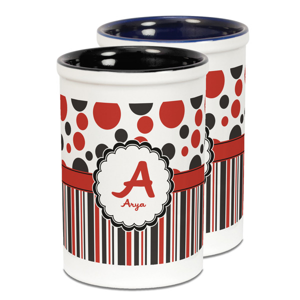 Custom Red & Black Dots & Stripes Ceramic Pencil Holder - Large