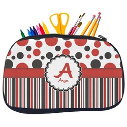 Red & Black Dots & Stripes Neoprene Pencil Case - Medium w/ Name and Initial