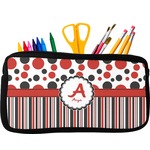 Red & Black Dots & Stripes Neoprene Pencil Case - Small w/ Name and Initial