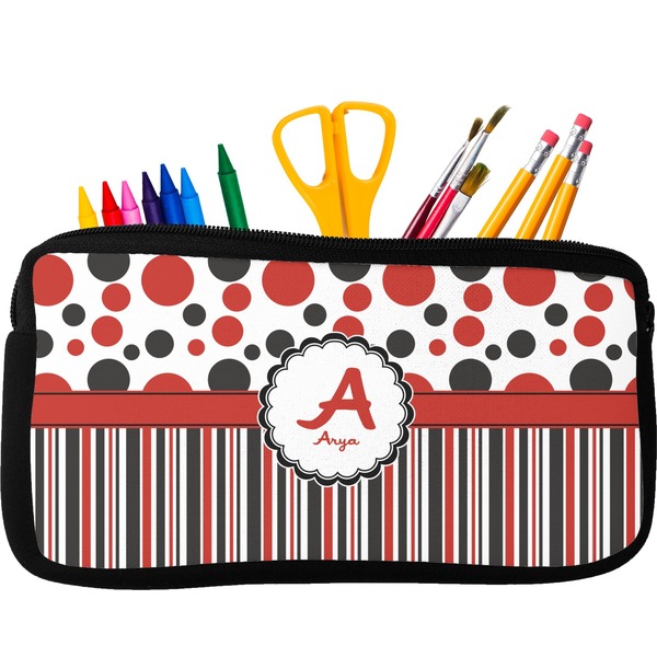 Custom Red & Black Dots & Stripes Neoprene Pencil Case - Small w/ Name and Initial
