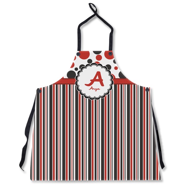 Custom Red & Black Dots & Stripes Apron Without Pockets w/ Name and Initial