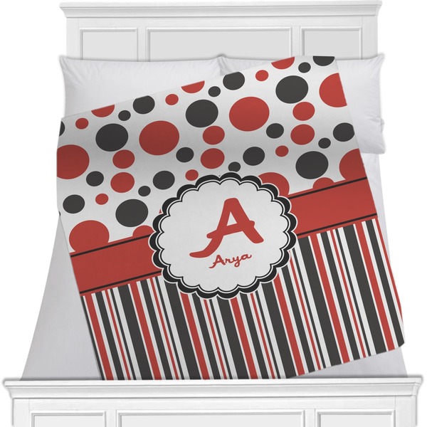 Custom Red & Black Dots & Stripes Minky Blanket - Toddler / Throw - 60"x50" - Single Sided (Personalized)