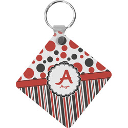Red & Black Dots & Stripes Diamond Plastic Keychain w/ Name and Initial