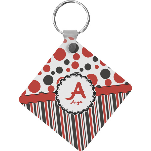 Custom Red & Black Dots & Stripes Diamond Plastic Keychain w/ Name and Initial