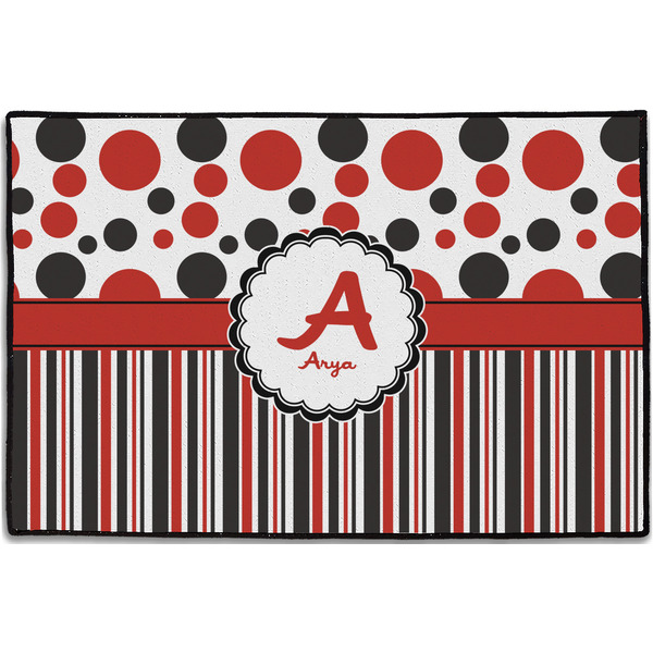Red & Black Dots & Stripes Personalized Door Mat - 36x24 (APPROVAL)