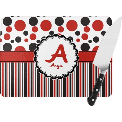 Red & Black Dots & Stripes Rectangular Glass Cutting Board - Large - 15.25"x11.25" w/ Name and Initial