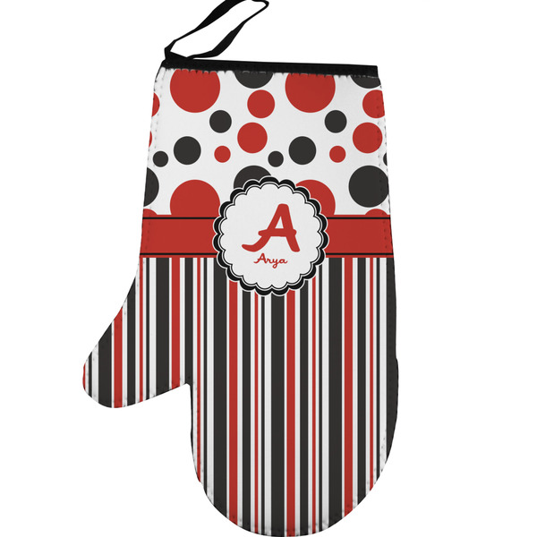 Custom Red & Black Dots & Stripes Left Oven Mitt (Personalized)