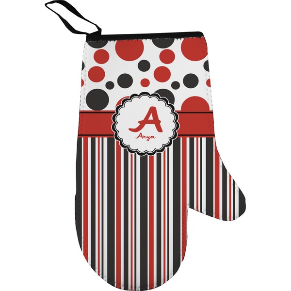 Custom Red & Black Dots & Stripes Right Oven Mitt (Personalized)