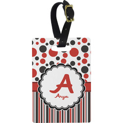 Red & Black Dots & Stripes Plastic Luggage Tag - Rectangular w/ Name and Initial
