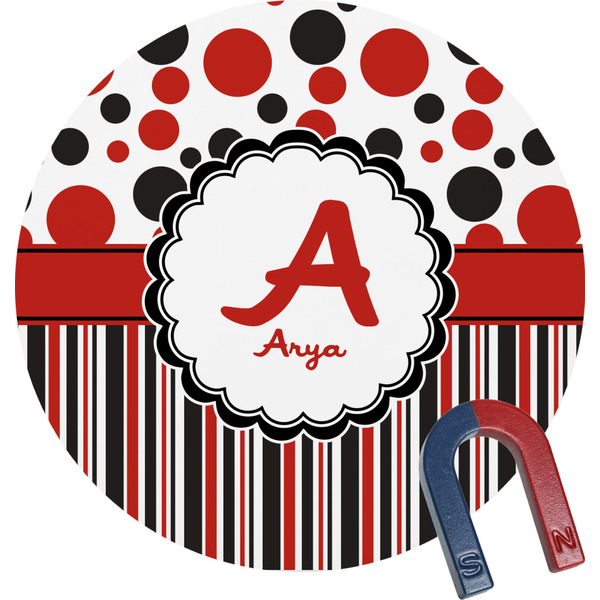 Custom Red & Black Dots & Stripes Round Fridge Magnet (Personalized)