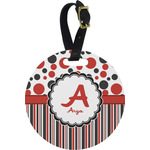 Red & Black Dots & Stripes Plastic Luggage Tag - Round (Personalized)