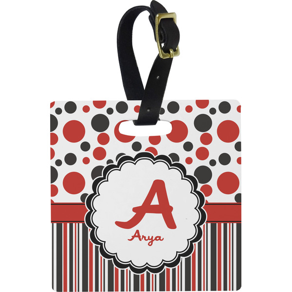 Custom Red & Black Dots & Stripes Plastic Luggage Tag - Square w/ Name and Initial