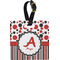 Red & Black Dots & Stripes Plastic Luggage Tag - Square w/ Name and Initial