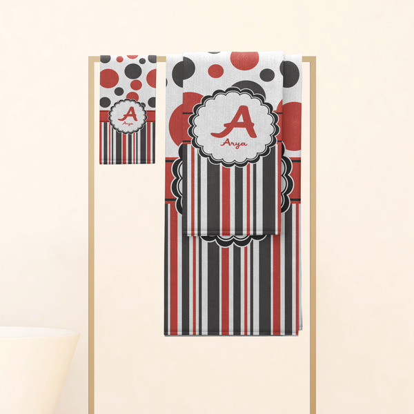 Red & Black Dots & Stripes Personalized Towel Set
