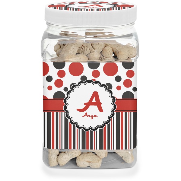 Custom Red & Black Dots & Stripes Dog Treat Jar (Personalized)