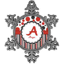 Red & Black Dots & Stripes Vintage Snowflake Ornament (Personalized)